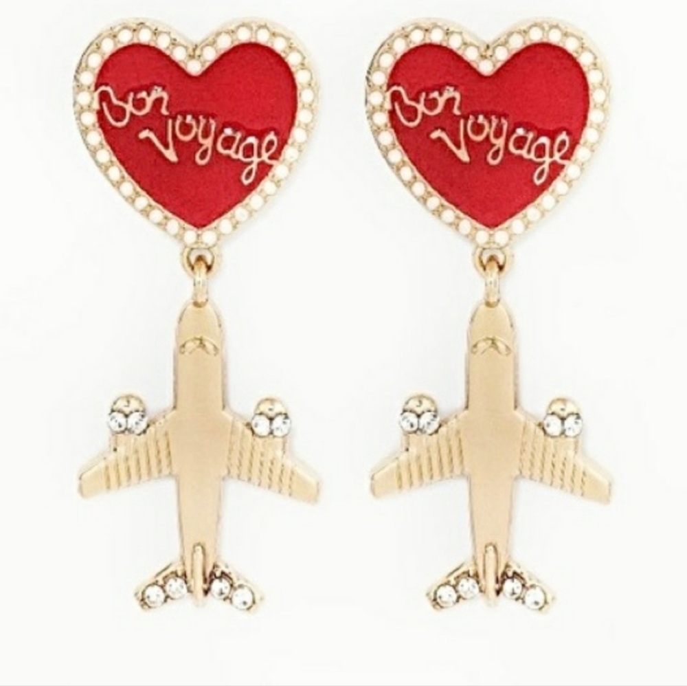 Gold and Red Heart Airplane Earrings